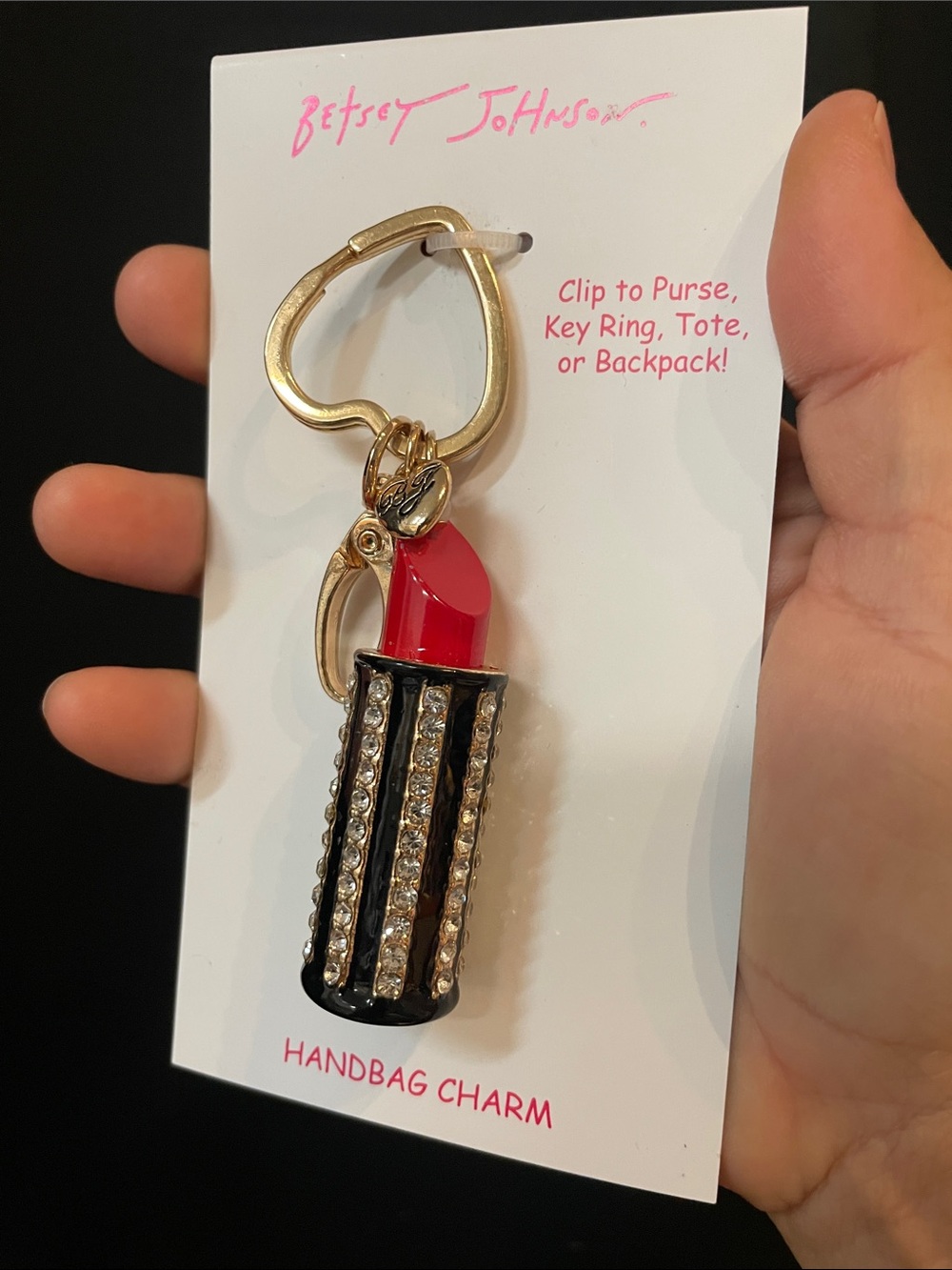Betsey Johnson Black & Red Lipstick Charm Keychain with Crystal Stripes - Picture 2 of 8